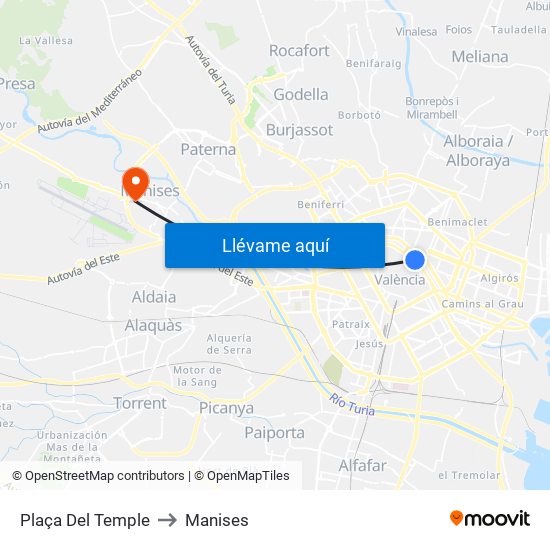 Plaça Del Temple to Manises map