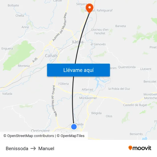 Benissoda to Manuel map