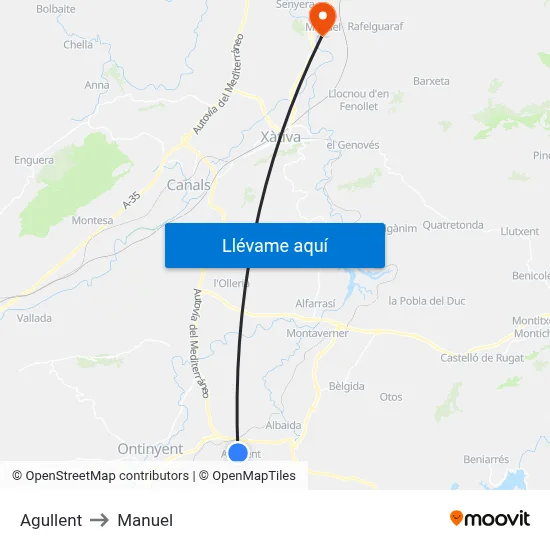 Agullent to Manuel map