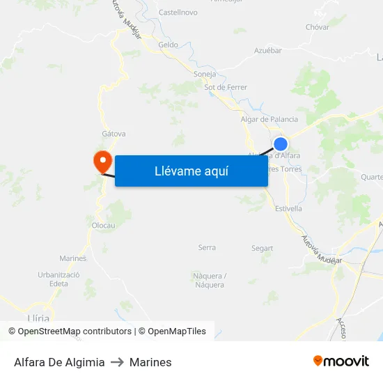 Alfara De Algimia to Marines map