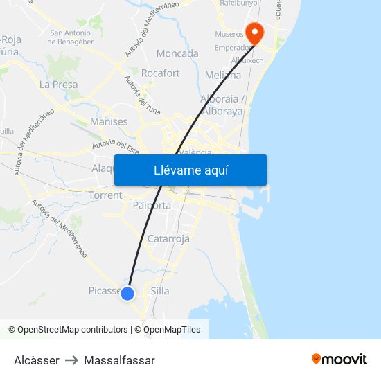 Alcàsser to Massalfassar map