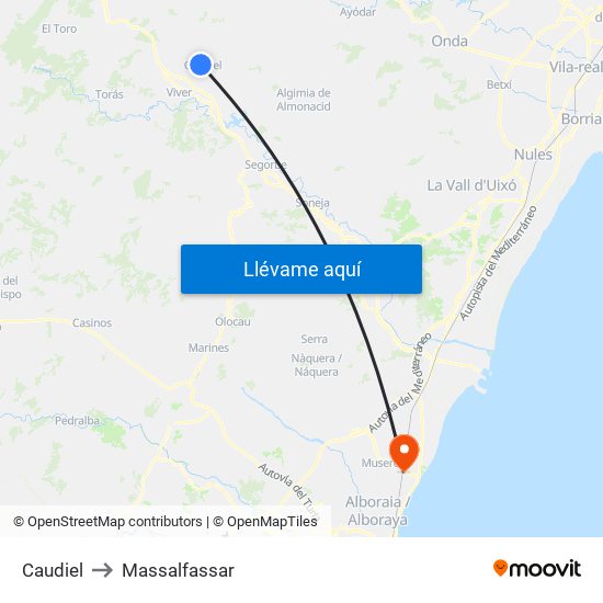Caudiel to Massalfassar map