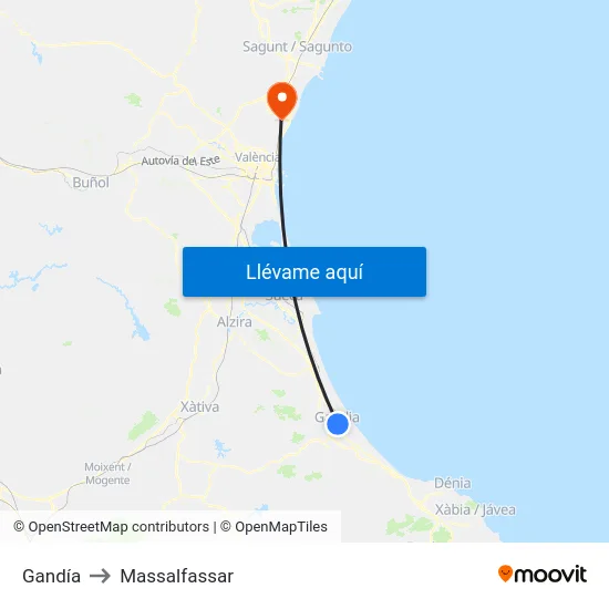 Gandía to Massalfassar map
