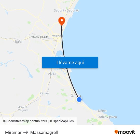 Miramar to Massamagrell map