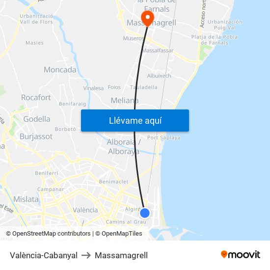 València-Cabanyal to Massamagrell map