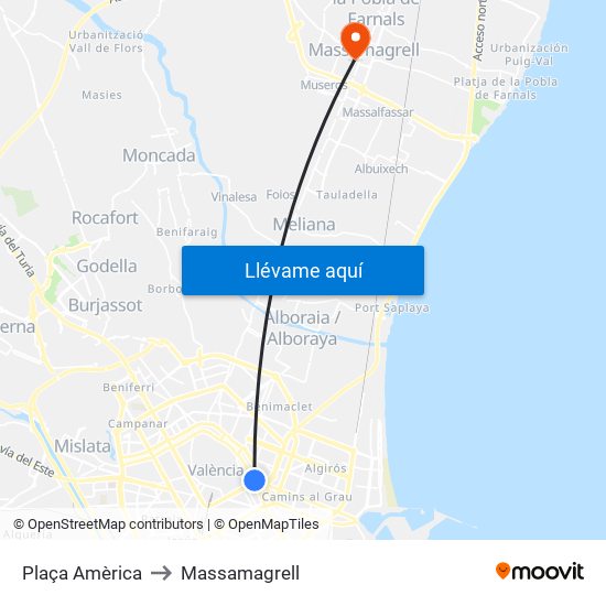 Plaça Amèrica to Massamagrell map