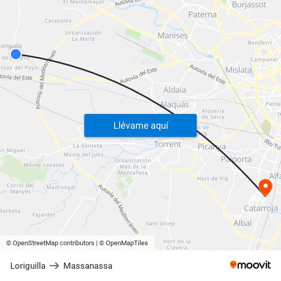 Loriguilla to Massanassa map