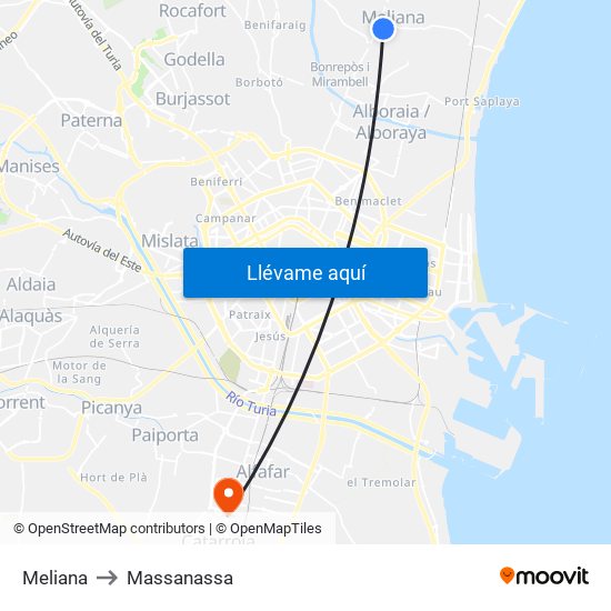 Meliana to Massanassa map