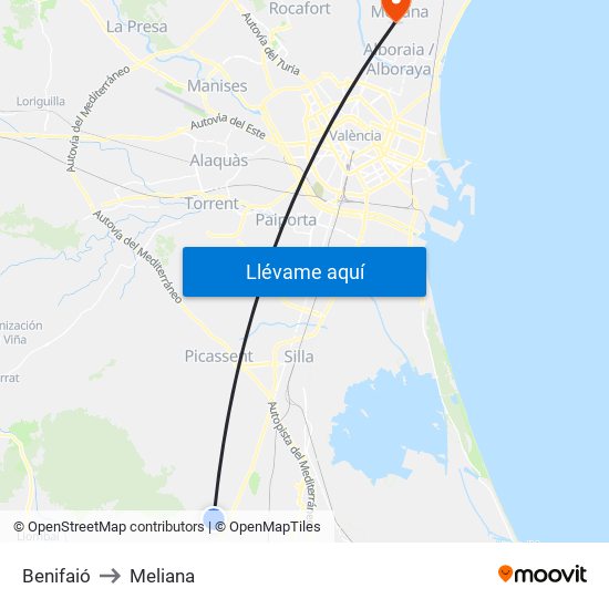 Benifaió to Meliana map