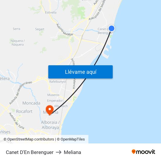 Canet D'En Berenguer to Meliana map