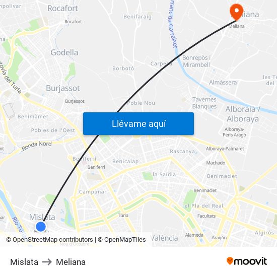Mislata to Meliana map