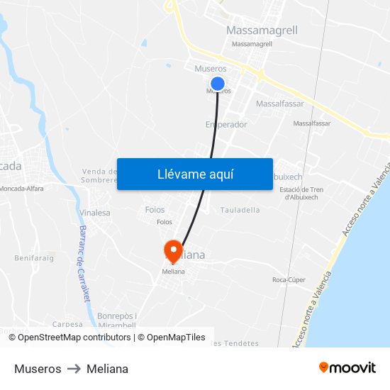 Museros to Meliana map