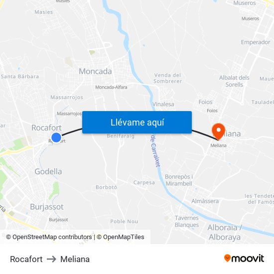 Rocafort to Meliana map
