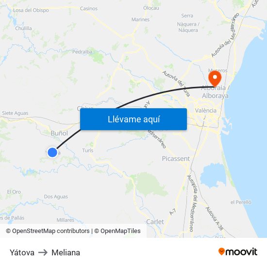 Yátova to Meliana map