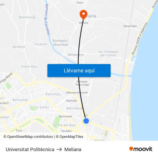 Universitat Politècnica to Meliana map
