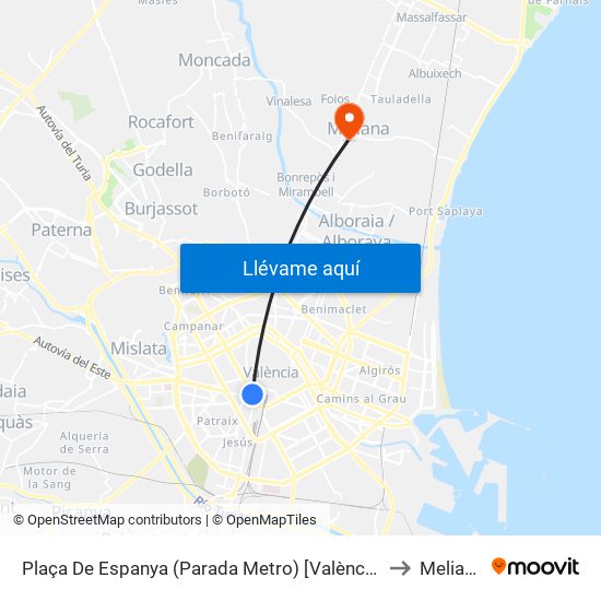 Plaça De Espanya (Parada Metro) [València] to Meliana map