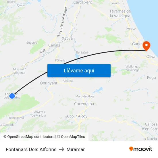 Fontanars Dels Alforins to Miramar map