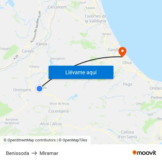 Benissoda to Miramar map