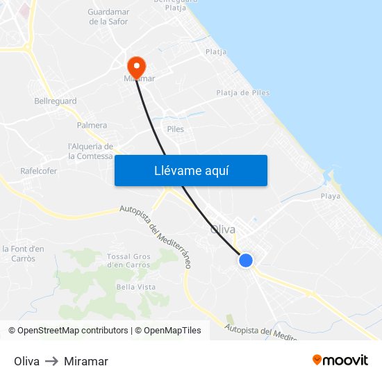 Oliva to Miramar map