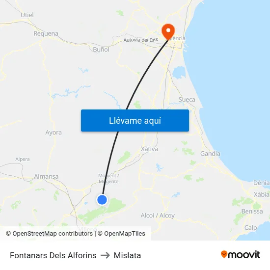 Fontanars Dels Alforins to Mislata map