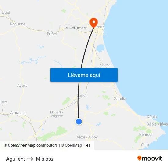 Agullent to Mislata map