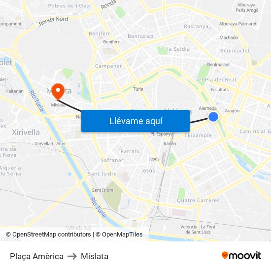 Plaça Amèrica to Mislata map