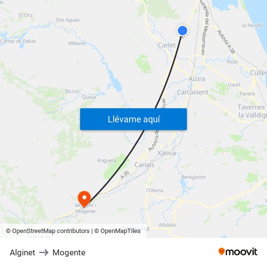 Alginet to Mogente map