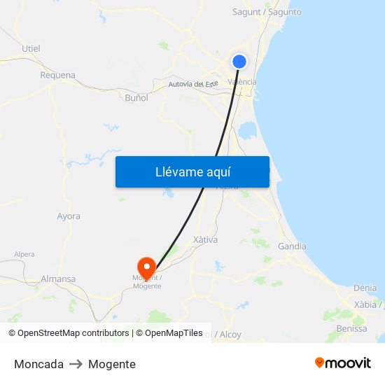 Moncada to Mogente map