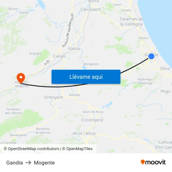 Gandía to Mogente map