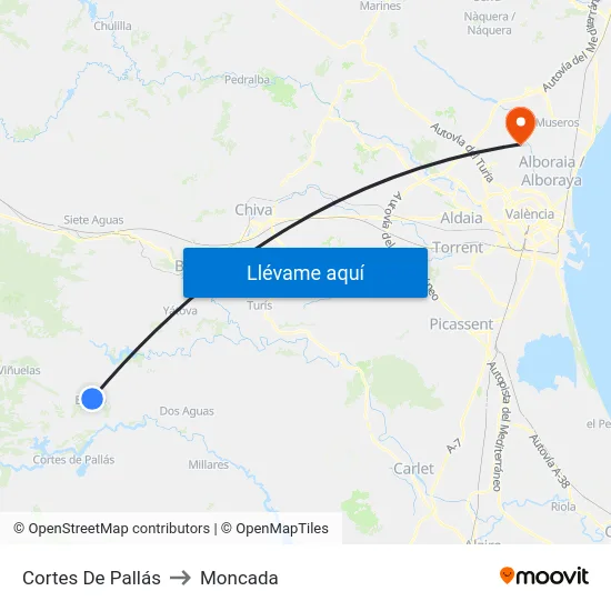 Cortes De Pallás to Moncada map
