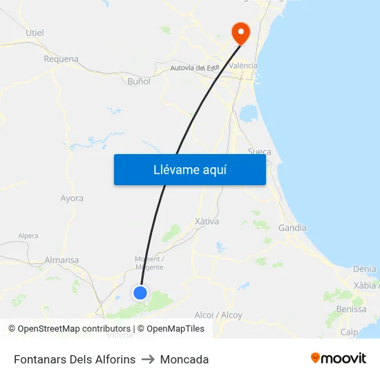 Fontanars Dels Alforins to Moncada map
