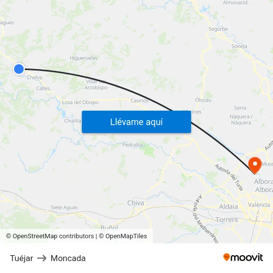 Tuéjar to Moncada map