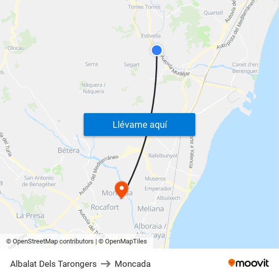 Albalat Dels Tarongers to Moncada map