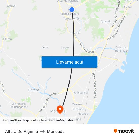 Alfara De Algimia to Moncada map