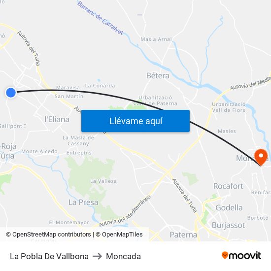 La Pobla De Vallbona to Moncada map