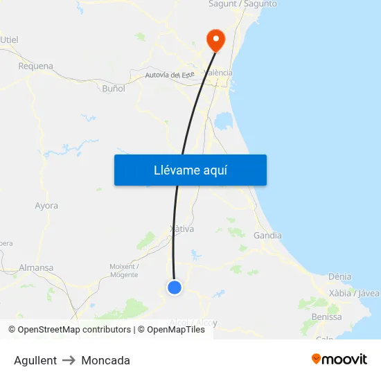 Agullent to Moncada map