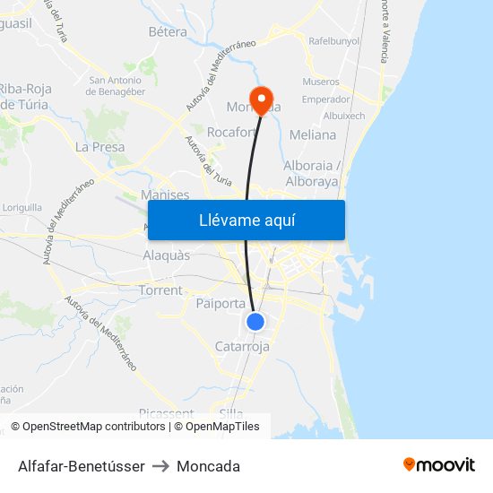 Alfafar-Benetússer to Moncada map