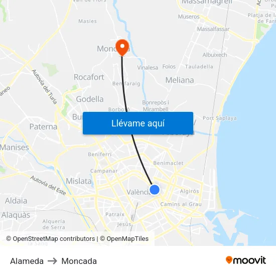 Alameda to Moncada map