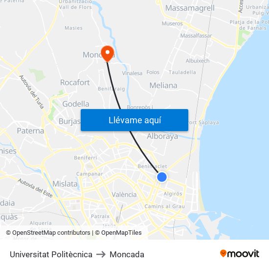 Universitat Politècnica to Moncada map