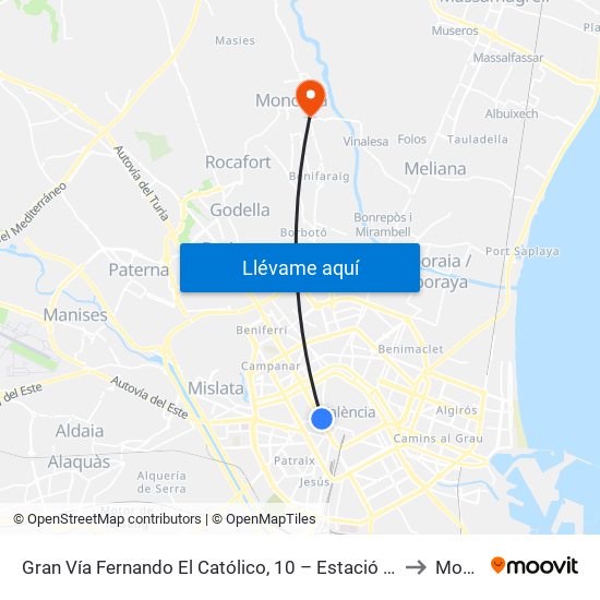 Gran Vía Fernando El Católico, 10 – Estació Metro Ángel Guimerá [València] to Moncada map