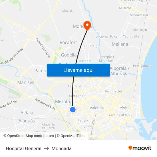 Hospital General to Moncada map