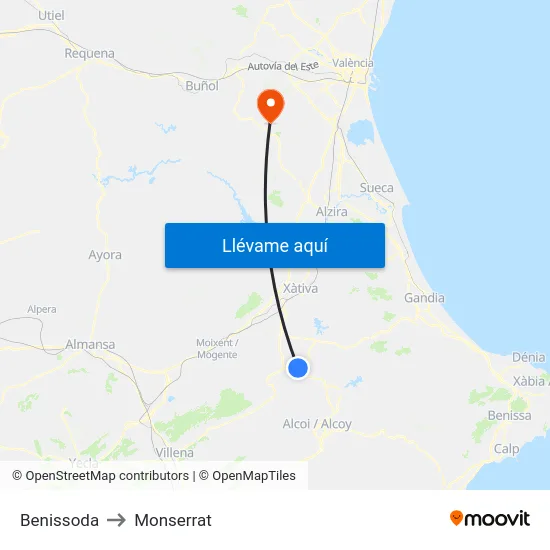 Benissoda to Monserrat map