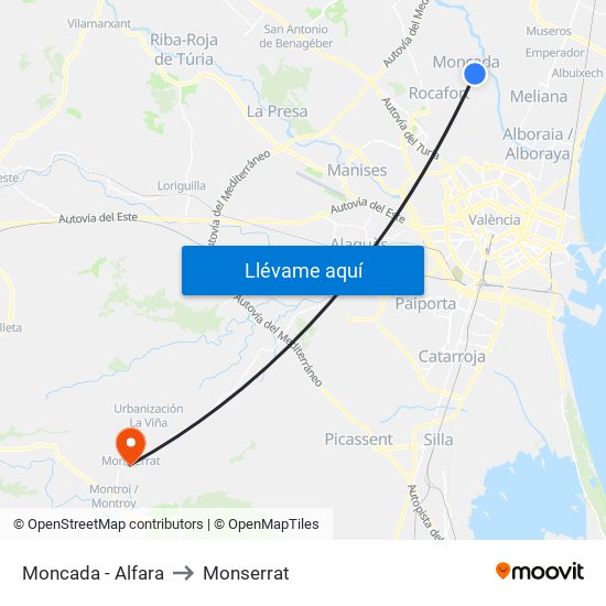 Moncada - Alfara to Monserrat map