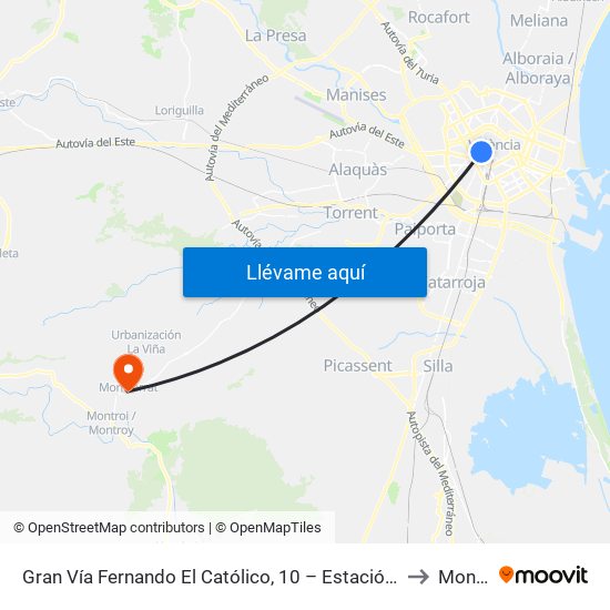 Gran Vía Fernando El Católico, 10 – Estació Metro Ángel Guimerá [València] to Monserrat map