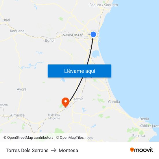 Torres Dels Serrans to Montesa map