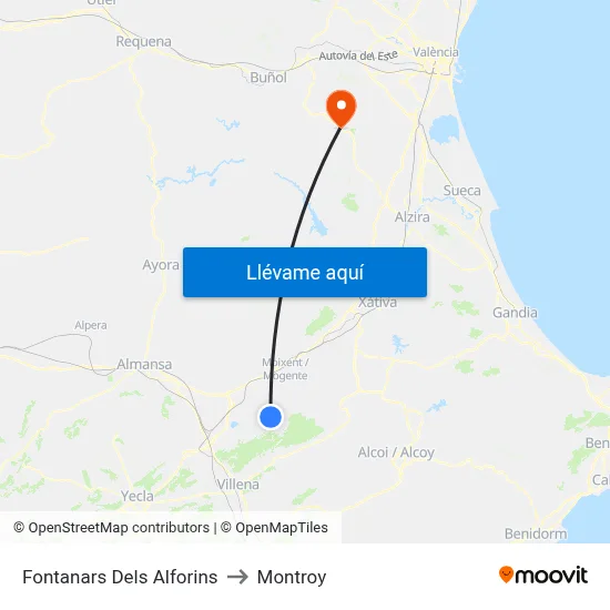 Fontanars Dels Alforins to Montroy map