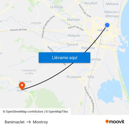 Benimaclet to Montroy map