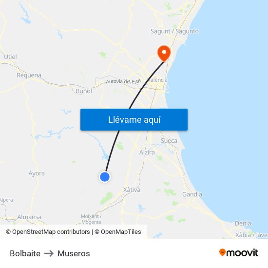 Bolbaite to Museros map