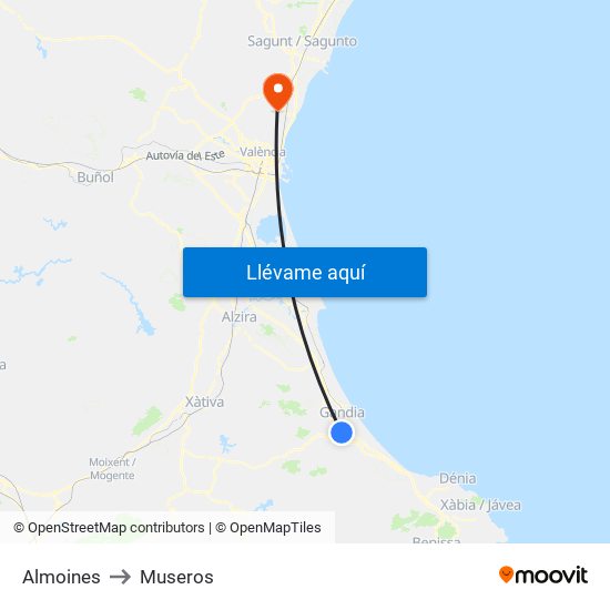 Almoines to Museros map