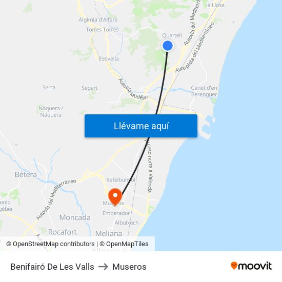 Benifairó De Les Valls to Museros map